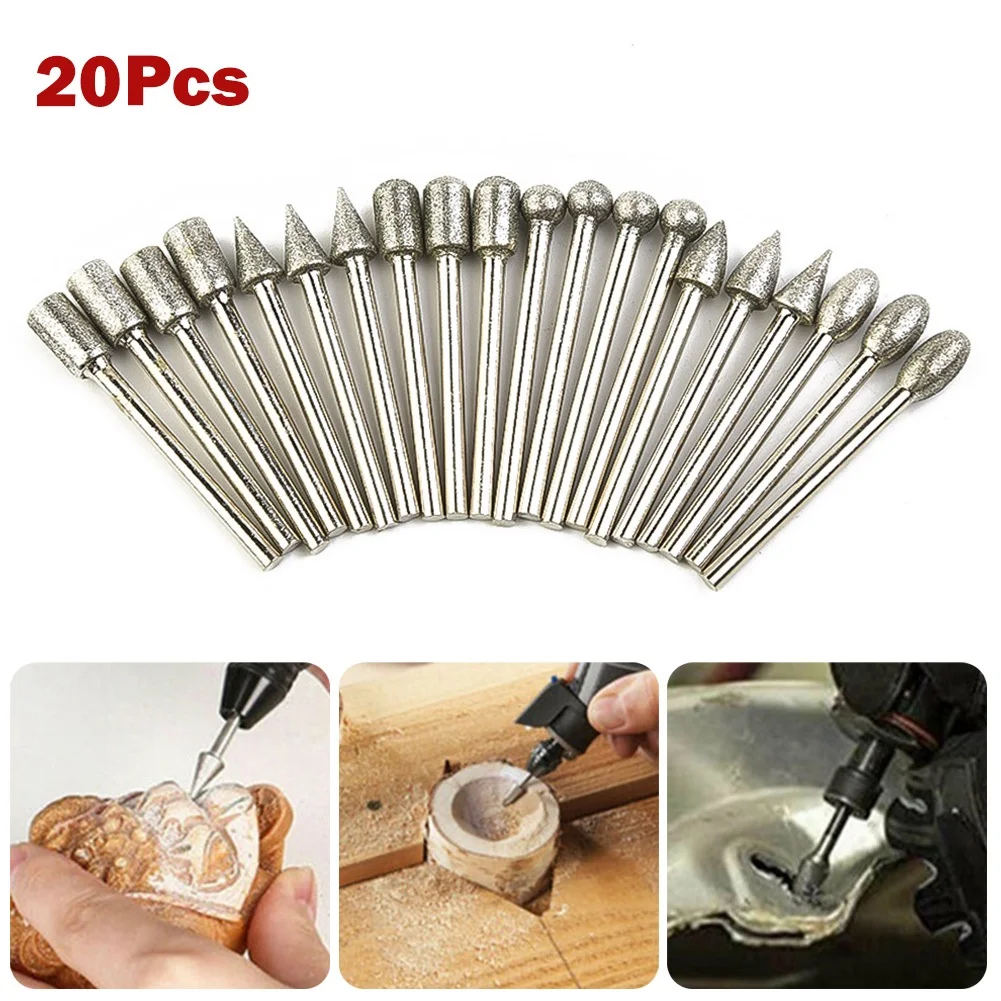 20pcs 120Grit 3mm Shank Diamond Grinding Burr Drill Bits Set For Electric Mill Grinding Engraving Plastic Wood Rotary Tool Parts
20pcs 120Grit 3mm Shank Diamond Grinding Burr Drill Bits Set For Electric Mill Grinding Engraving Plastic Wood Rotary Tool Parts