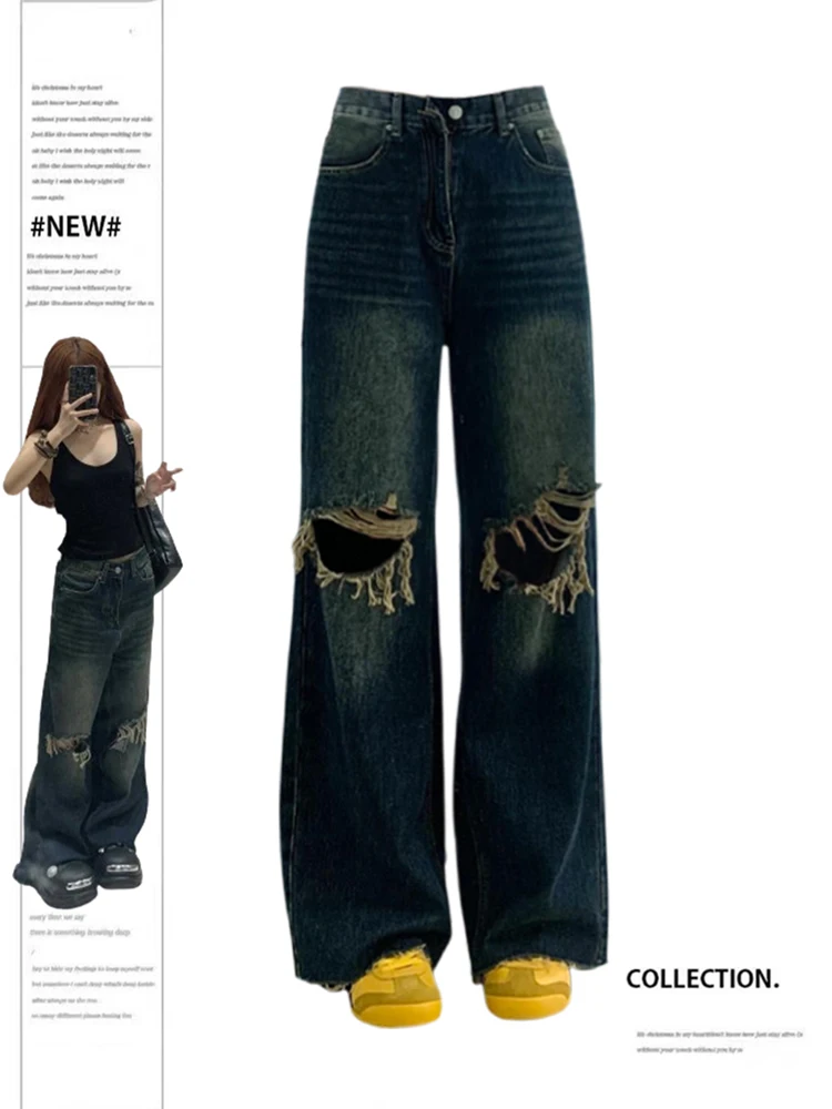 

Women Ripped Jeans Vintage Harajuku Baggy Denim Trousers Aesthetic Y2k Oversize Cowboy Pants Trashy Japanese 2000s Style Clothes