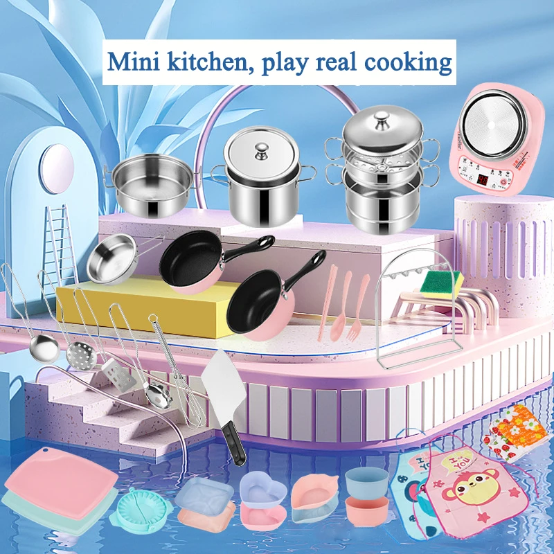 

Mini Kitchen Play House Toys Really Cookable Full Set Stainless Steel Kitchenware Boys Girls Small Kitchen Utensils Gift Package