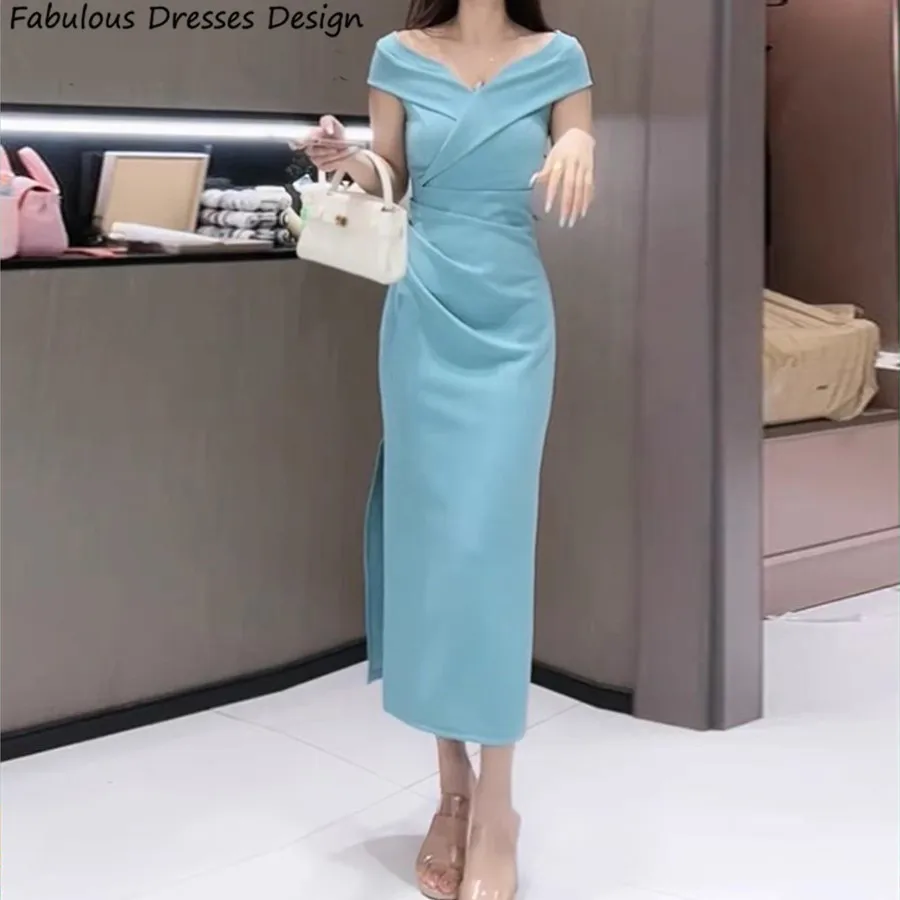 

Sky Blue Off Shoulder Bridesmaid Dresses Tea Length Mermaid Slit Pleat Sweetheart Neck Wedding Guest Dress Women Prom Party Gown