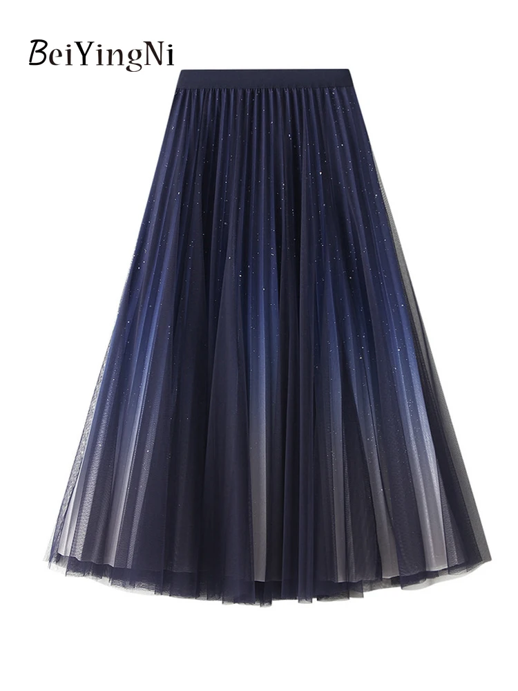 

Beiyingni Women Pleated Midi Skirts Starry Sky Sequined 2023 Mesh Tulle High Waisted Fashion Skirt Female Lining Street Y2K Jupe