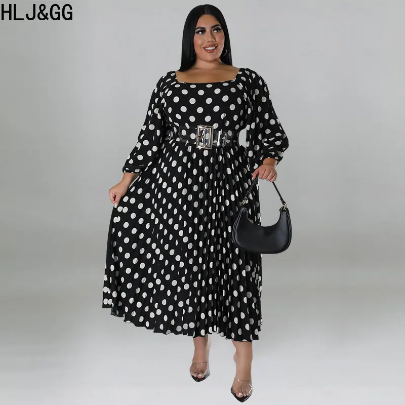 

HLJ&GG Elegant Lady Polka Dot Print Club Party Dress Plus Size Women Off Shoulder Long Sleeve A-line Dresses Vestidos With Belt
