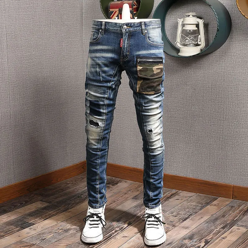 

Street Fashion Men Jeans Retro Washed Blue Elastic Slim Fit Ripped Jeans Camo Pocket Designer Spliced Hip Hop Denim Pants Hombre