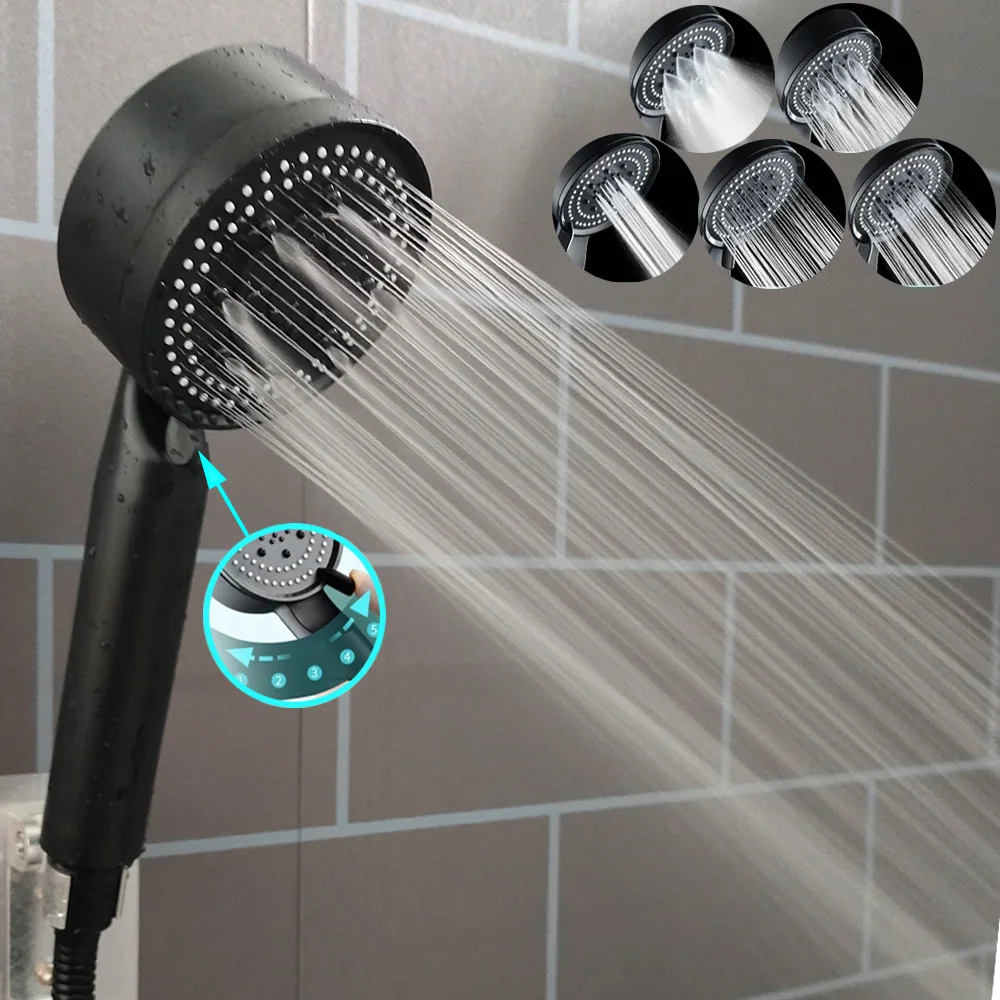 

5 Modes Black Shower Head High Pressure Bathroom Shower Water Saving Pressurized Nozzle Watering Can Powerful Showerhead