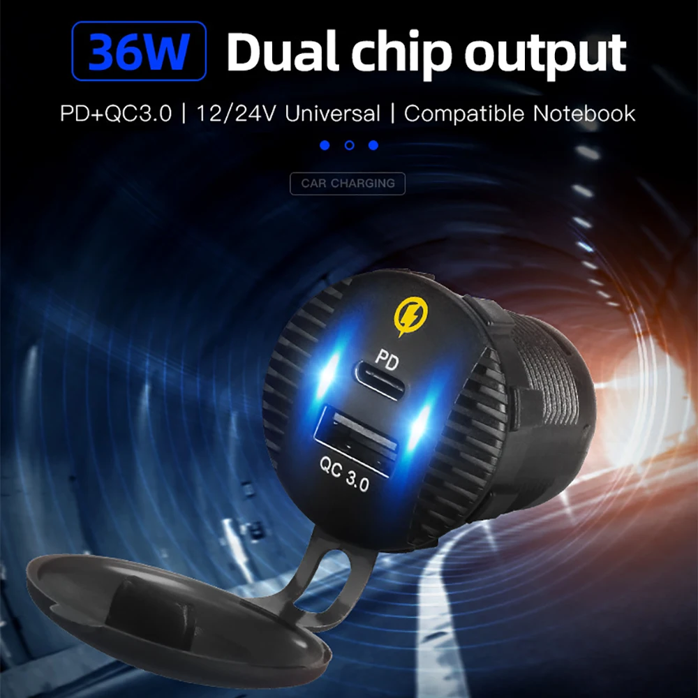 

PD+QC3.0 Dual Port Car Charger USB Type C Socket Waterproof 36W 6A Fast Charge for 12V-24V Boat Motorcycle Truck Marine SUV