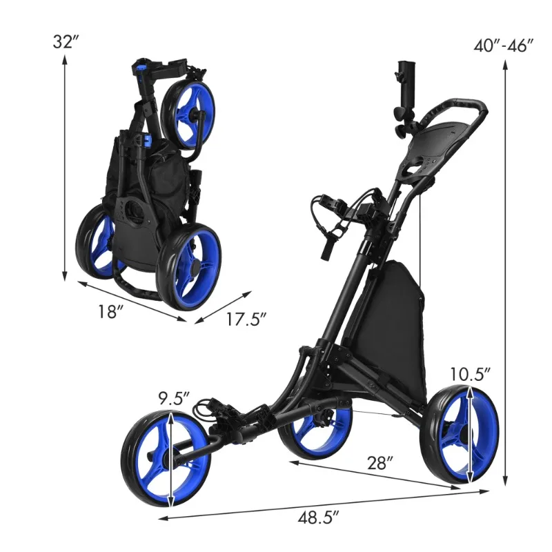

Golf Push Carts,Gymax Foldable 3-Wheel Golf Push and Pull Cart Trolley with Adjustable Handle, Blue