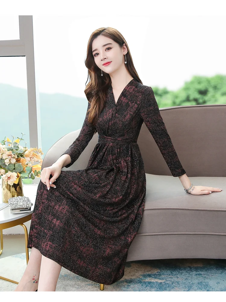 Women Print Long Sleeve V-Neck Sexy Midi Dress 2022 Korean Elegant Bodycon Casual Dress Spring Autumn Vintage Offfice Lady Dress Women Print Long Sleeve V-Neck Sexy Midi Dress 2022 Korean Elegant Bodycon Casual Dress Spring Autumn Vintage Offfice Lady Dress