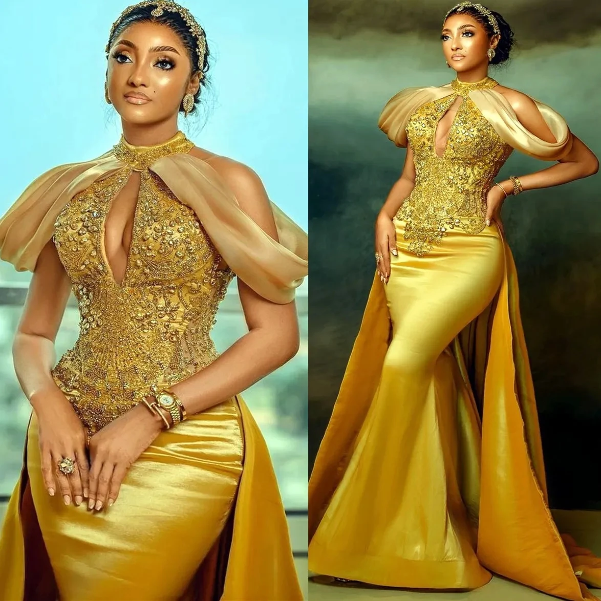 

Arabic Aso Ebi Mermaid Gold Prom Dresses Lace Beaded Crystals Evening Formal Party Second Reception Birthday Engagement Gowns YD