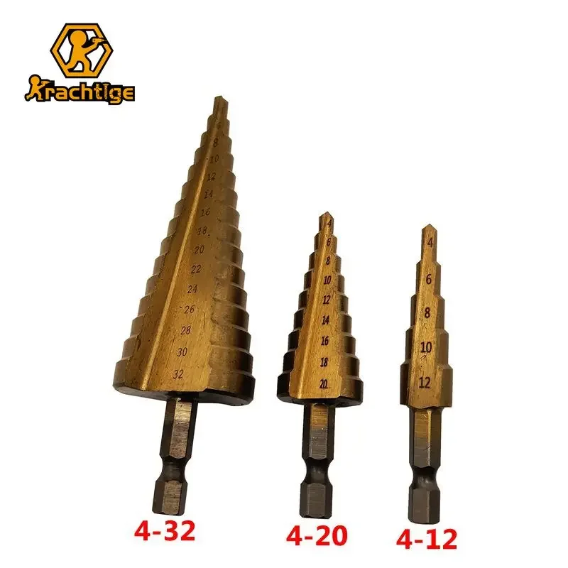 

Krachtige 3Pcs 4-12/20/32mm Hss Step Drill Bit Set Titanium Coated Cone Taper Hex Hole Cutter Metric Spiral Center Step Drills