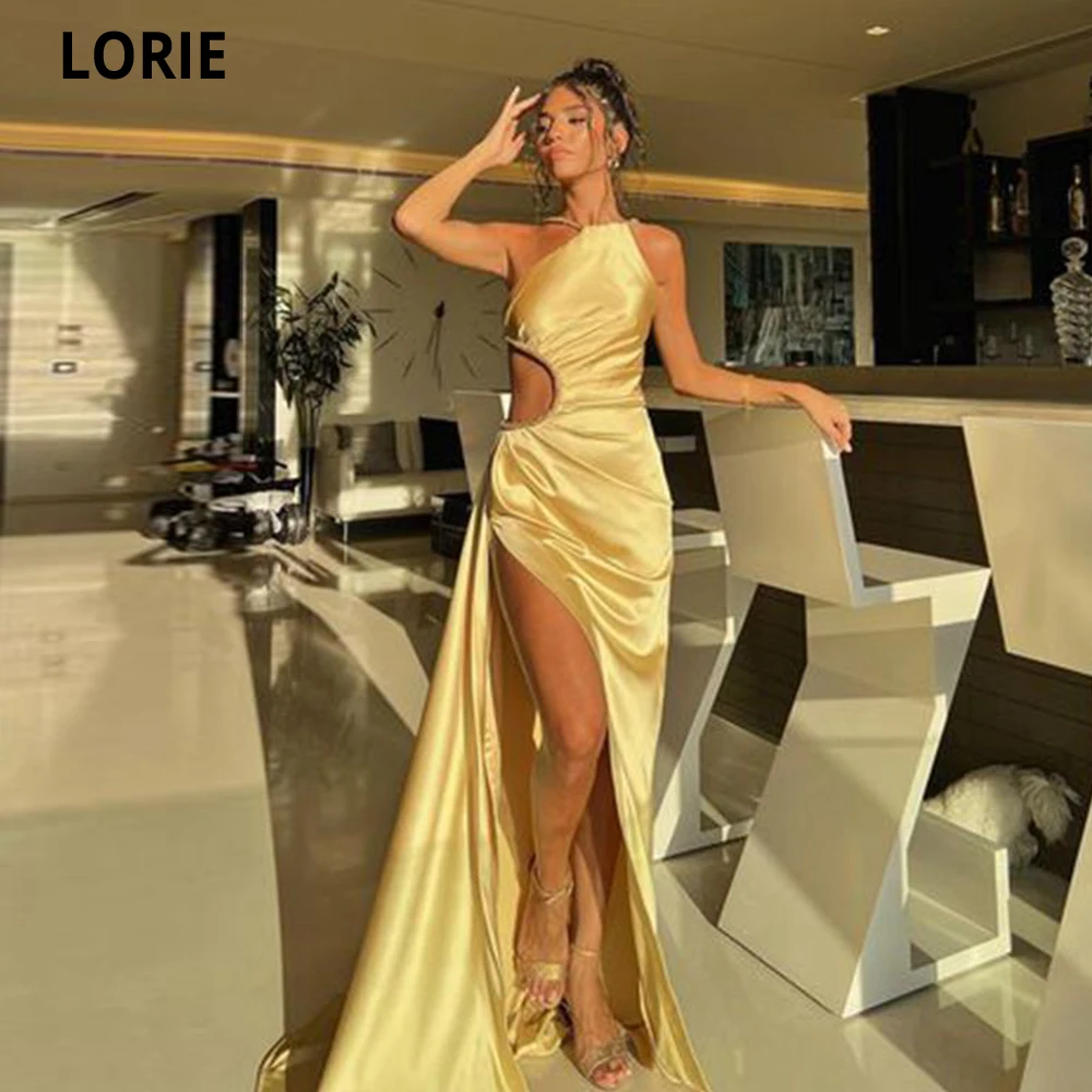 

LORIE Yellow One Shoulder Evening Dresses 2022 High Side Slit Sexy Pleat Prom Party Gowns Arabic Vestidos De Fiesta