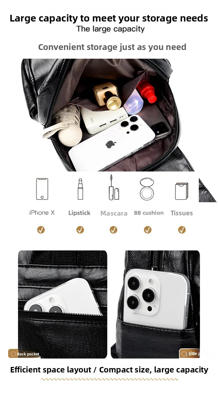 Women's Large Capacity Soft Leather Backpack Fashionable Versatile Travel Bag Urban Minimalist Style PU Material Zipper Opening Women's Large Capacity Soft Leather Backpack Fashionable Versatile Travel Bag Urban Minimalist Style PU Material Zipper Opening