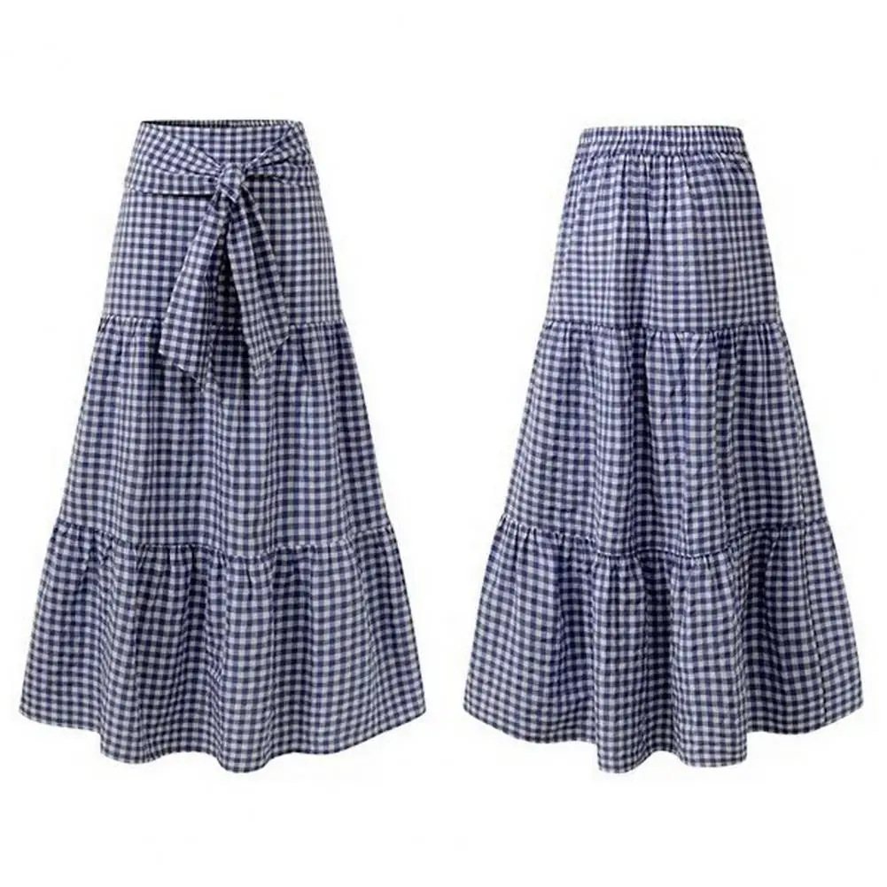 

High-waist Flounce Hem Skirt Plaid Print Maxi Skirt for Women A-line Big Swing Patchwork with High Elastic Waist Lace-up Pleated