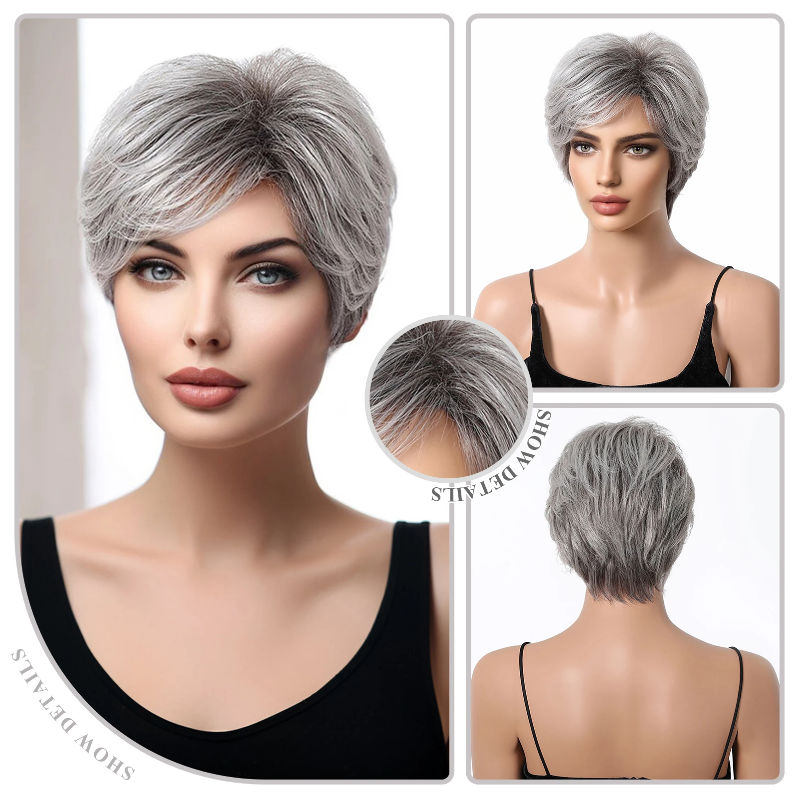 

Short Pixie Cut Human Hair Blend Wigs for Women Silver Gray Platinum Layered Bob Blend Human Hair Wigs with Bang Women Daily Wig