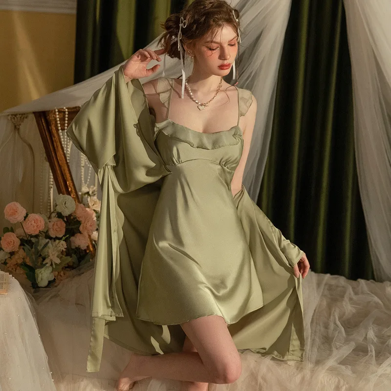 Sexy Female Nighty&Robe Set Patchwork Mesh Ruffle Edge Nightgown Kimono Bathrobe Gown Summer Satin Sleepwear Home Dressing Gown
Sexy Female Nighty&Robe Set Patchwork Mesh Ruffle Edge Nightgown Kimono Bathrobe Gown Summer Satin Sleepwear Home Dressing Gown