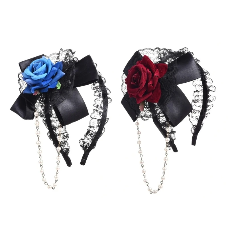 

Anime Maid Headband for Girls Lolitas Rose Flower Lace Headband with Black Bowknot ComicShow Masquerade Balls Hairband NEW