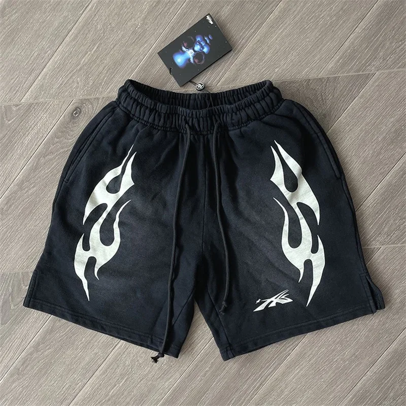 

24ss HELLSTAR Studios Sports Flame Shorts For Men Women 1:1 Best Quality Oversized Washed Black Pants Mens Shorts
