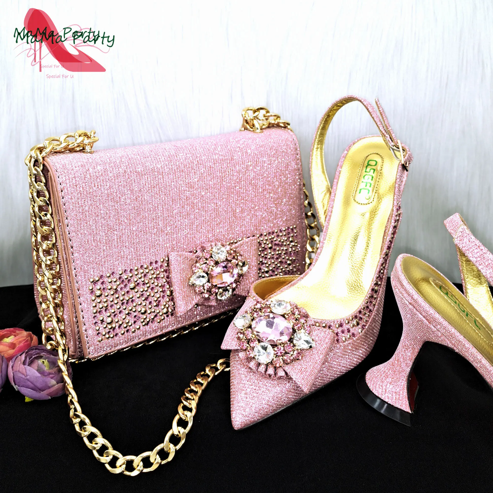 

2023 New Arrivals Special Design Italian Women Shoes and Bag Set Pointed Toe Pumps in Pink Color for Wedding Party