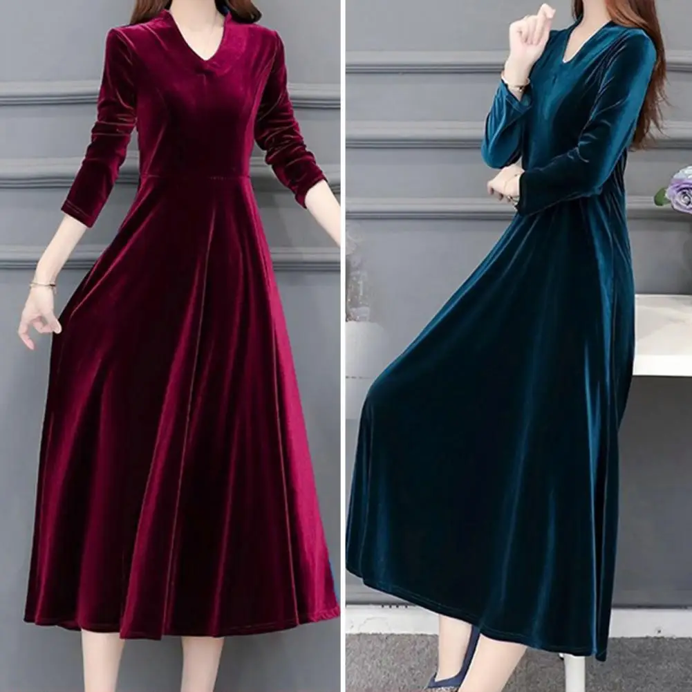 

Women Dress Solid Color Soft Long Sleeves Round Neck Big Hem Warm Mid-calf Length Plus SIze Lady Prom Dress Female Garment