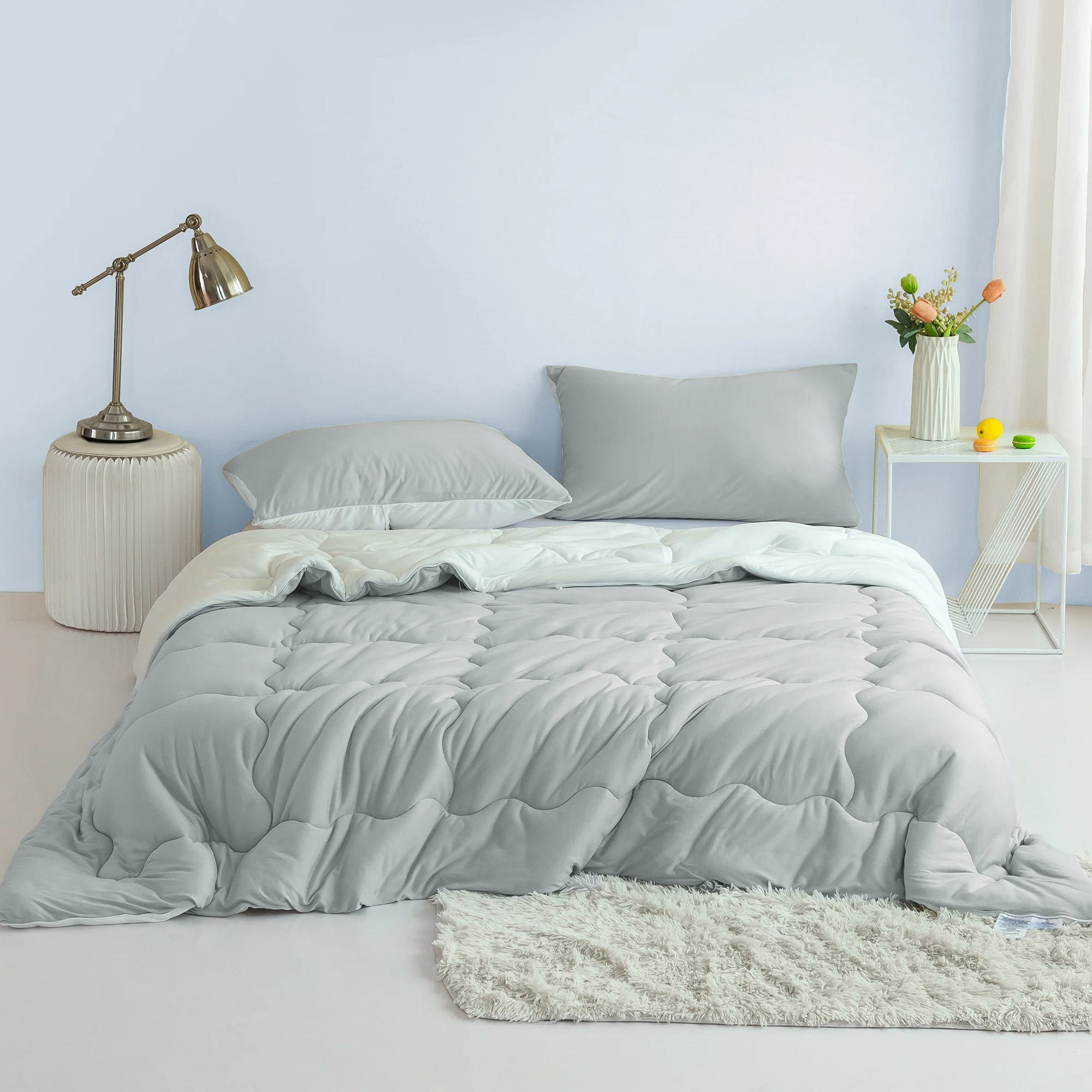 

All Season light grey and white Luxury Reversible Chenille Cotton Bedding Twin Size Comforter Sets,Kid Child Teen College Dorm