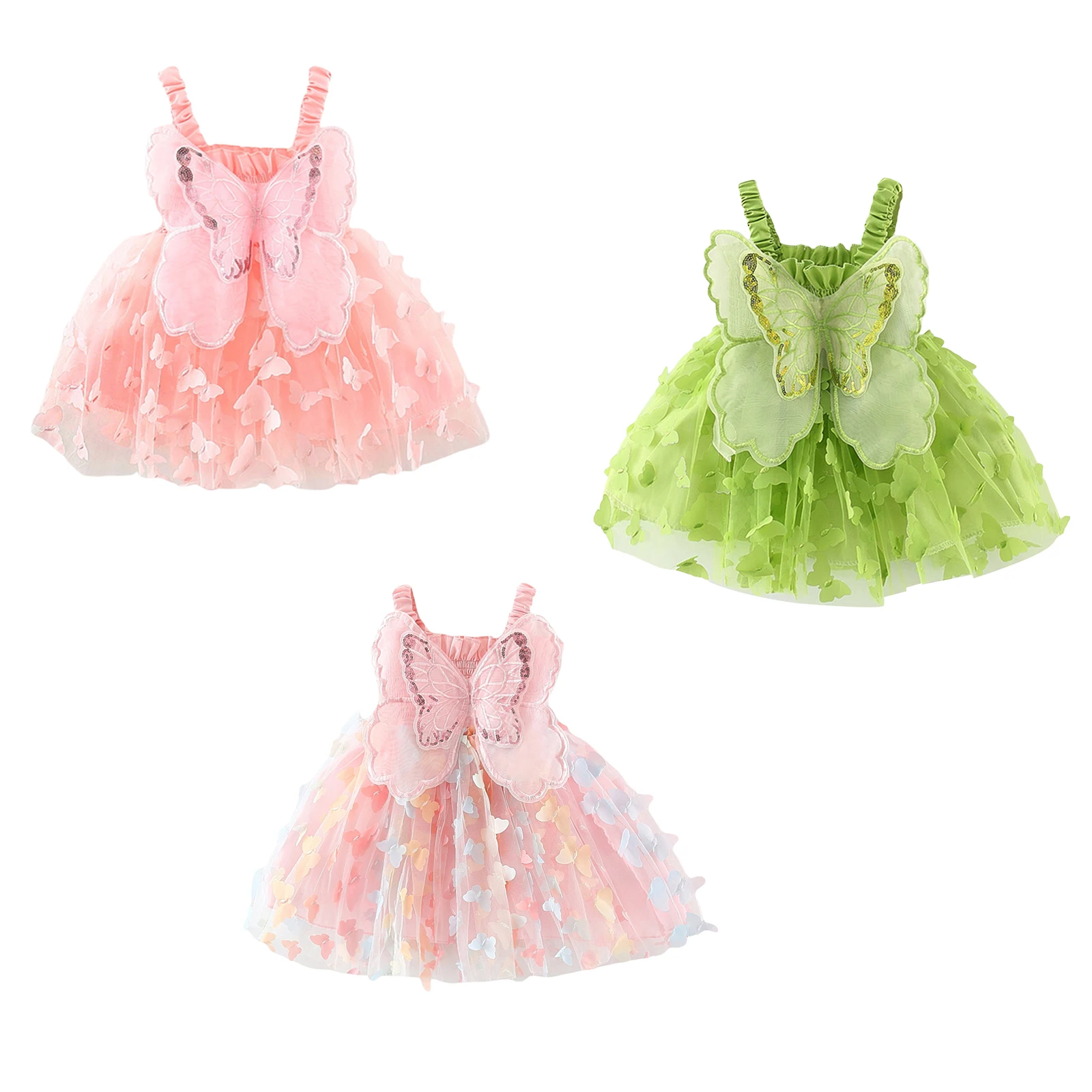 

Mildsown Toddler Baby Girls Dress 3D Butterfly Ruched Sleeveless Layered Cami Dress Summer Casual Clothes Princess Dress