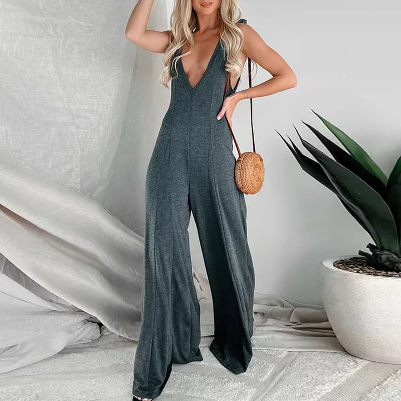 

2024 Beach Solid Color Long Jumpsuit Summer Casual Bow Strap Flare Pants One Piece Overall Sexy Women Deep V-Neck Slim Bodysuit