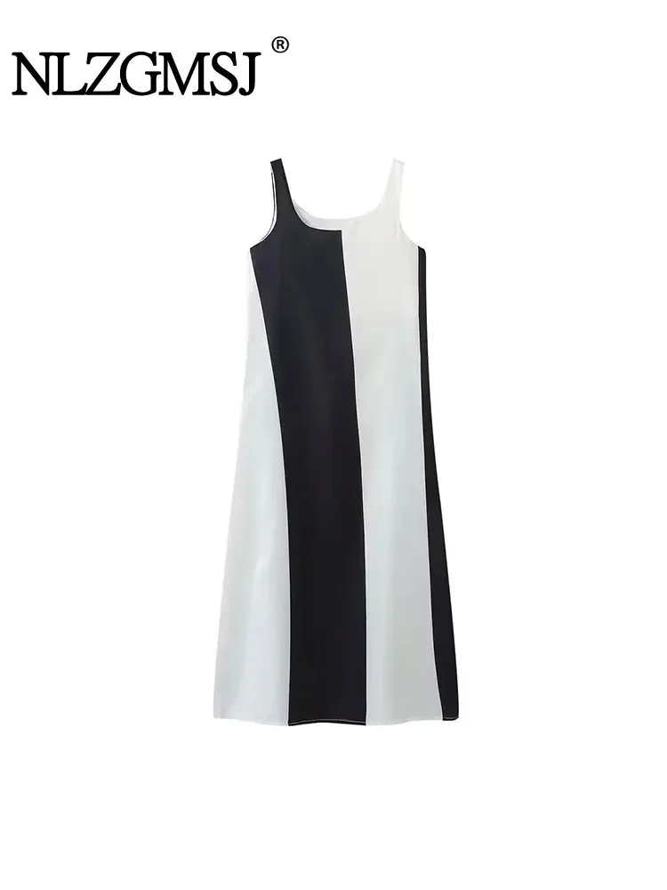 

Nlzgmsj TRAF 2024 Women Dress New Holiday Style Contrasting Color Patchwork Sleeveless Halter Dress Woman Female Dress