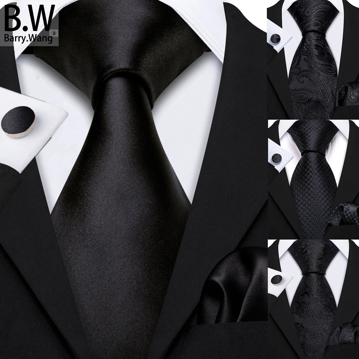 

Barry.Wang Black Silk Men Tie Handkerchief Cufflinks Set Jacquard Solid Paisley Floral Gravat Necktie For Male Wedding Business