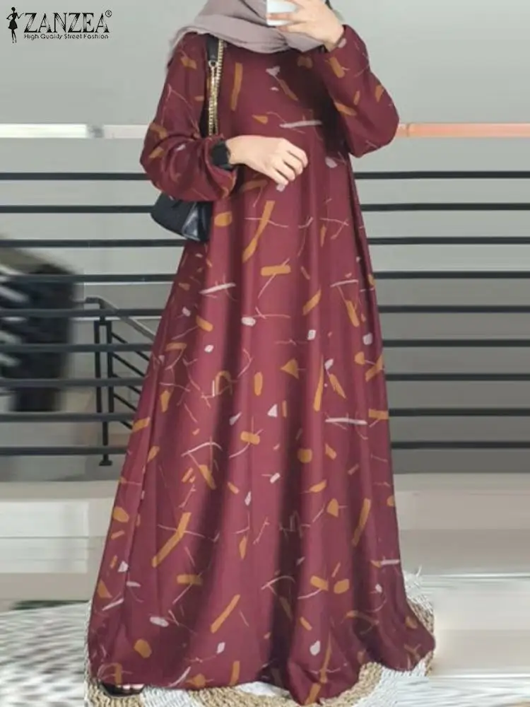 

Элегантное мусульманское платье ZANZEA, абайя, Женский стильный халат с длинным рукавом, кафтан, богемное Платье с принтом, повседневный свободный Сарафан