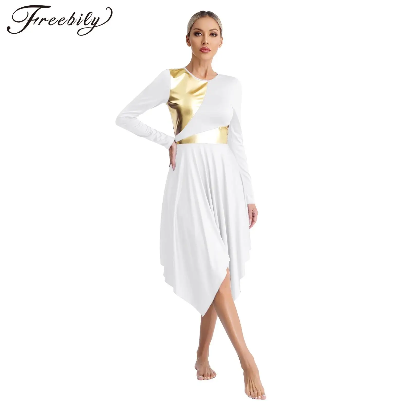 Womens Metallic Color Block Liturgical Dance Dress Long Sleeve Irregular Hem Stage Performance Dresses Church Worship Dancewear 
Womens Metallic Color Block Liturgical Dance Dress Long Sleeve Irregular Hem Stage Performance Dresses Church Worship Dancewear