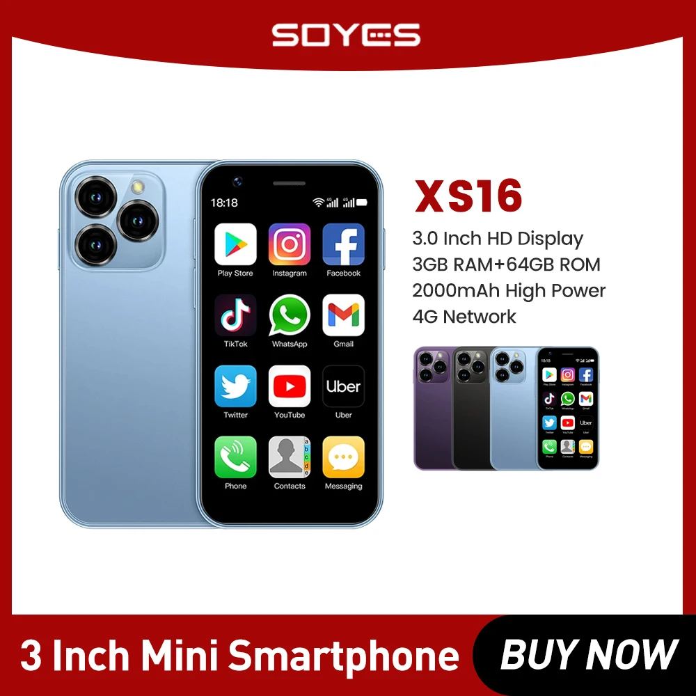 

SOYES XS16 Small Phone Mini Smartphones 3Inch Quad Core 3GB+64GB 4G LTE Mobile Phone Android 10.0 Dual SIM Standby 2000mAh 5MP