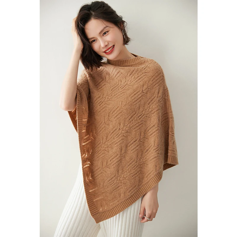 

2024 New Spring Autumn 100% Cashmere Knit Women Shawl Solid Poncho Fashion Hollow Out Capes Lady High Quality Girl Scarves