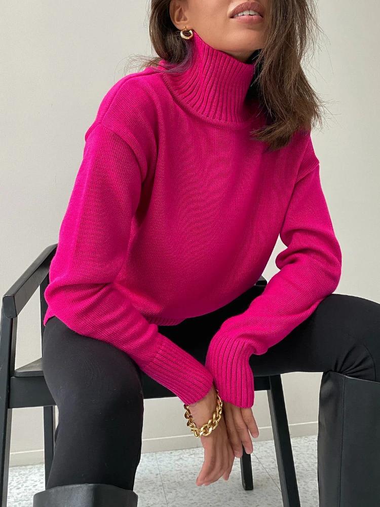 

Rose Red Autumn Winter Women's Sweater Pullover 2023 Basic Green Turtleneck Oversize Jumper Vintage Knitted Sweaters for Women