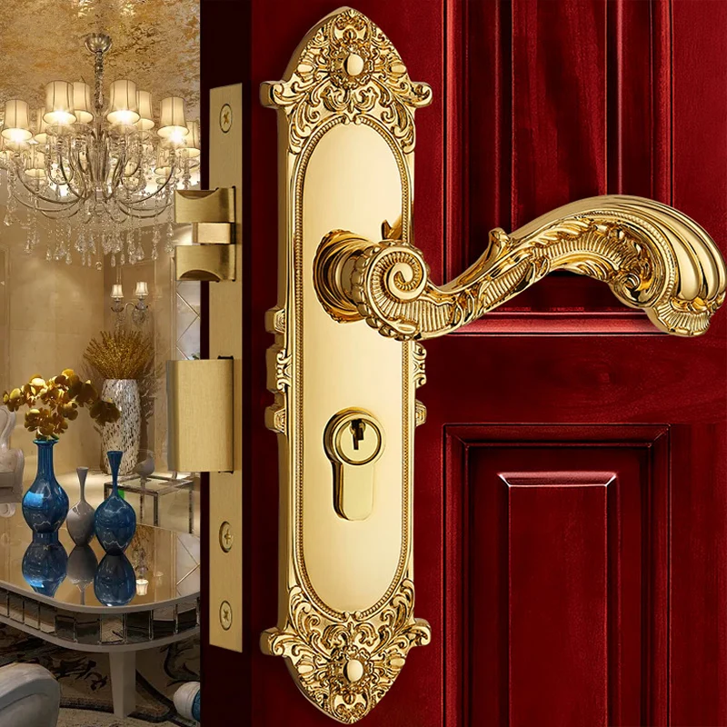 

Indoor Golden Brass Locks Europen Room Lock Wood Door Antique Handle Lockset Villa Front Indoor Locket Luxury Bedroom Locksets