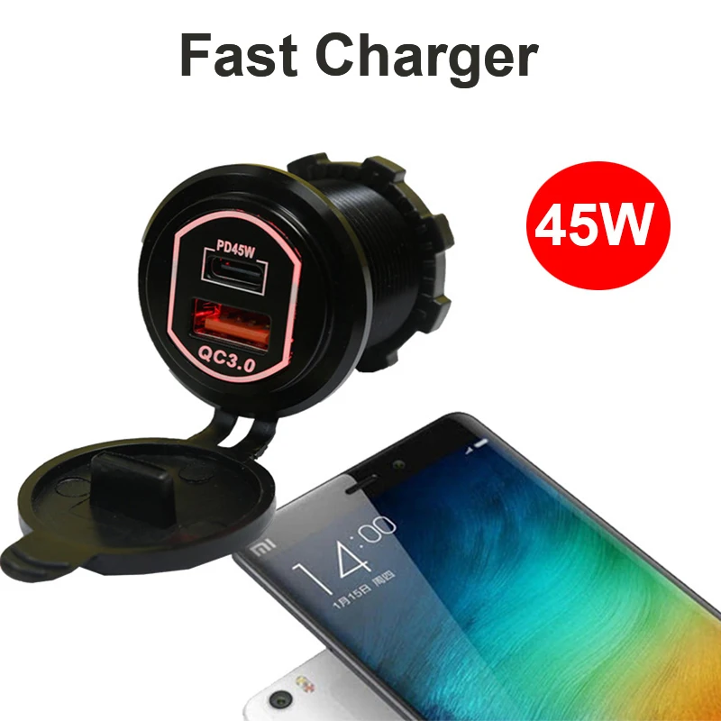 Fast Charging Type C USB 12-24V PD45W QC 3.0 Quick Charge with Waterproof and Dustproof Cover Car Charger
Fast Charging Type C USB 12-24V PD45W QC 3.0 Quick Charge with Waterproof and Dustproof Cover Car Charger