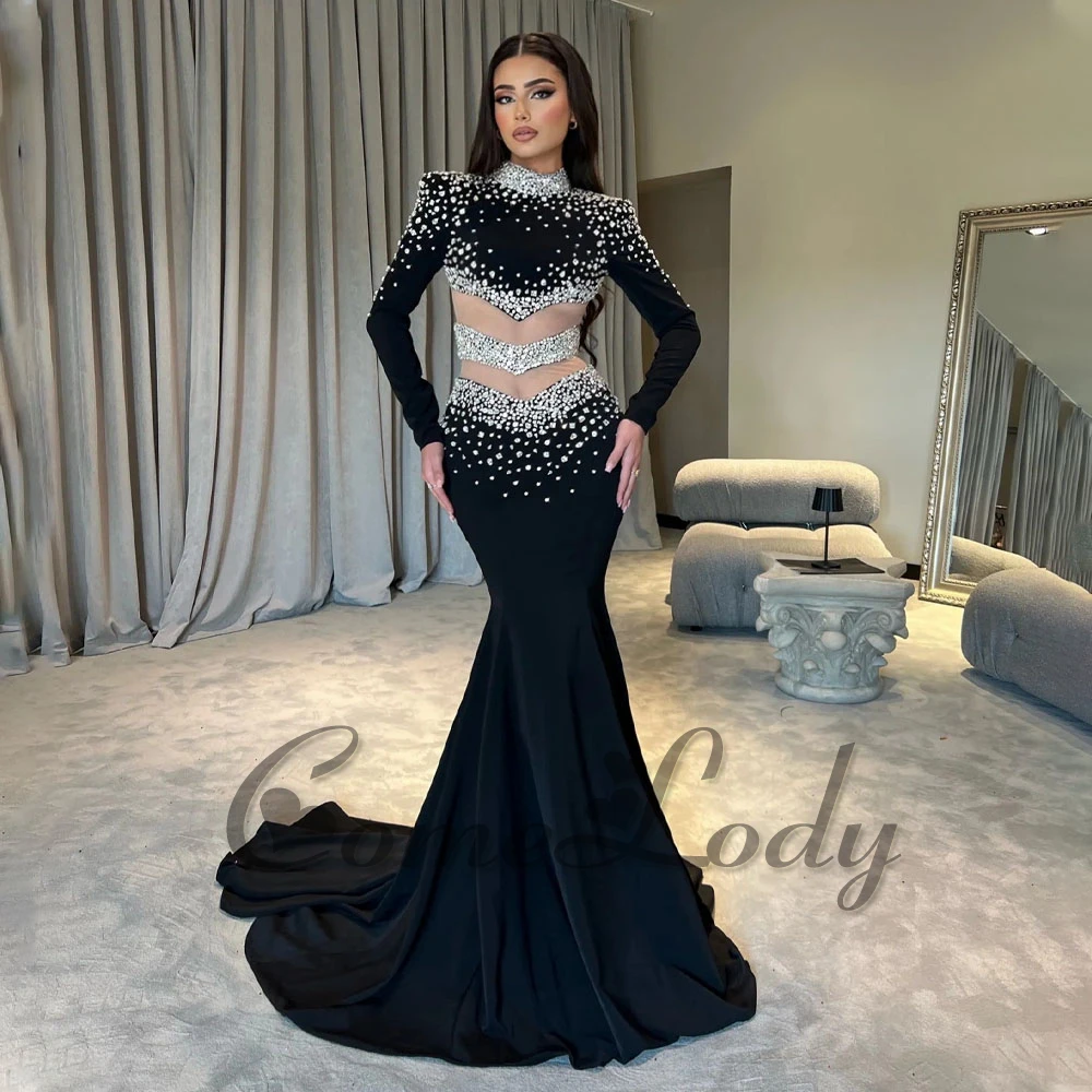 

Comelody Gorgeous High Neck Prom Dresses for Women Mermaid Full Sleeves Crystals Sequins Vestidos de Fiesta Made To Order