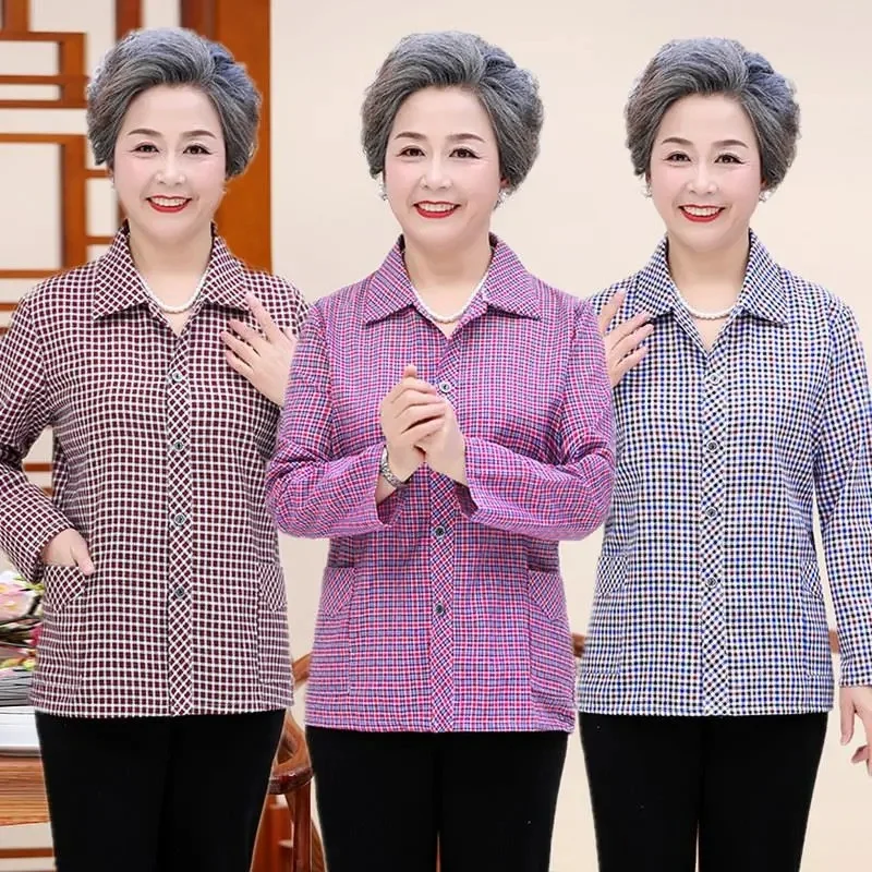 

Middle Aged Elderly People Female Long Sleeved Plaid Shirt Tops Coat Spring Autumn Annals Grandma Costume Cardigan Blouse Jacket