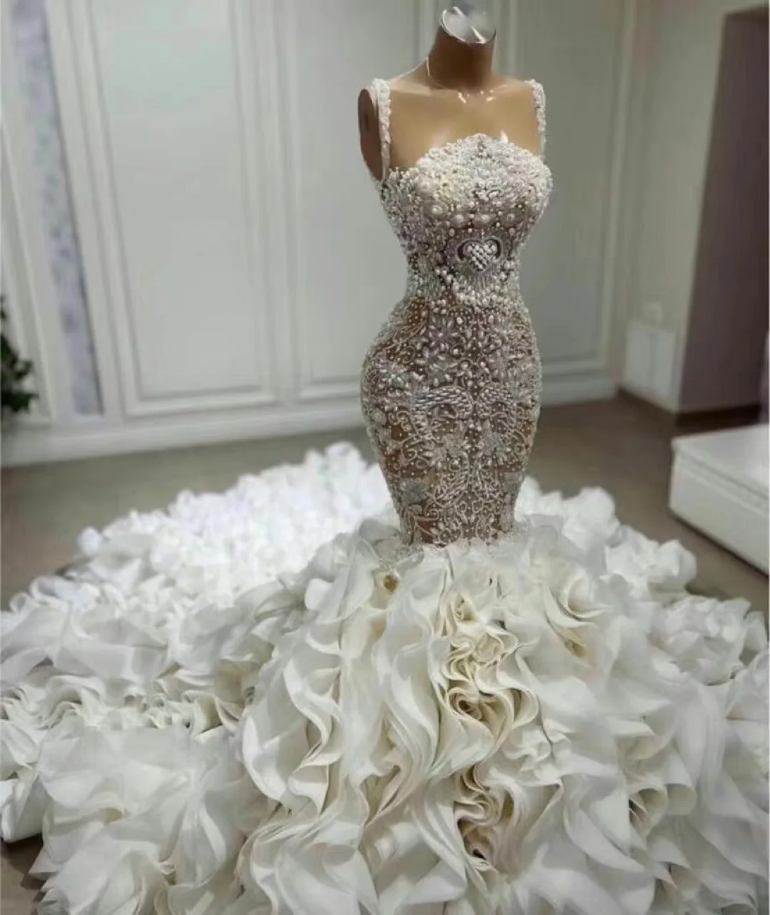 

Arabic Aso Ebi Luxurious Wedding Dress Pearls Sheer Neck Ruffles African Mermaid Bridal Gowns 2023 Customed Vestidos De Noiva