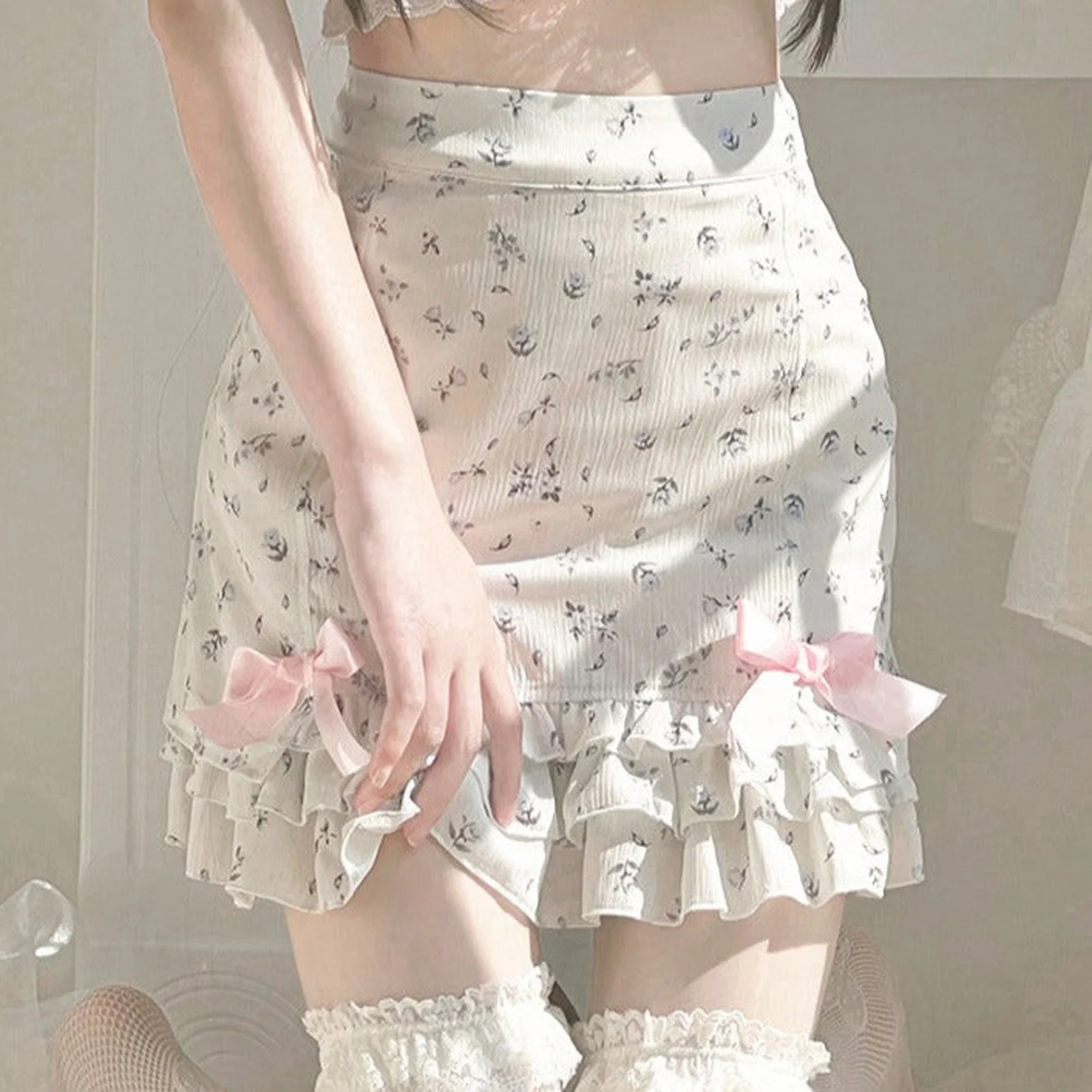 

Летняя женская Милая юбка с атласным бантом и цветочным принтом, с высокой талией, оборками на подоле, мини трапециевидная шифоновая юбка