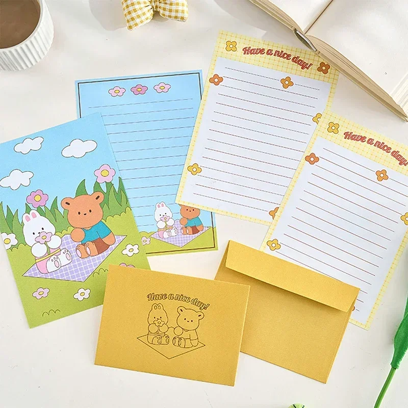 

6pcs/set Cartoon Bear Envelopes with Letter Pads Kawaii Letter Writing Pads Greeting Card Cover Korean Stationery Letter Paper