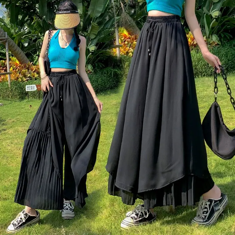

Женская летняя юбка, новинка 2024, черная шифоновая широкая юбка-брюки, свободное и облегающее модное повседневное женское платье Joker.