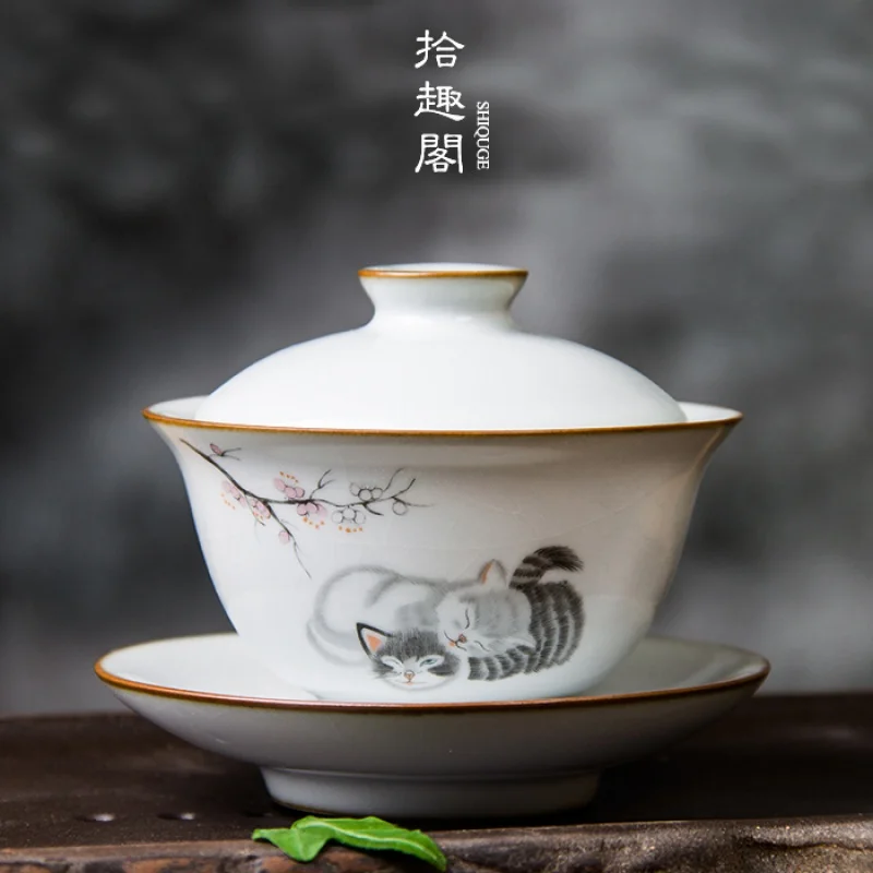 

Ru Ware Sancai Gaiwan Tea Cup Jingdezhen Porcelain Kung Fu Tea Set Tea Making Device Tea Ceremony Bowl Large Gracked Glaze Suppo