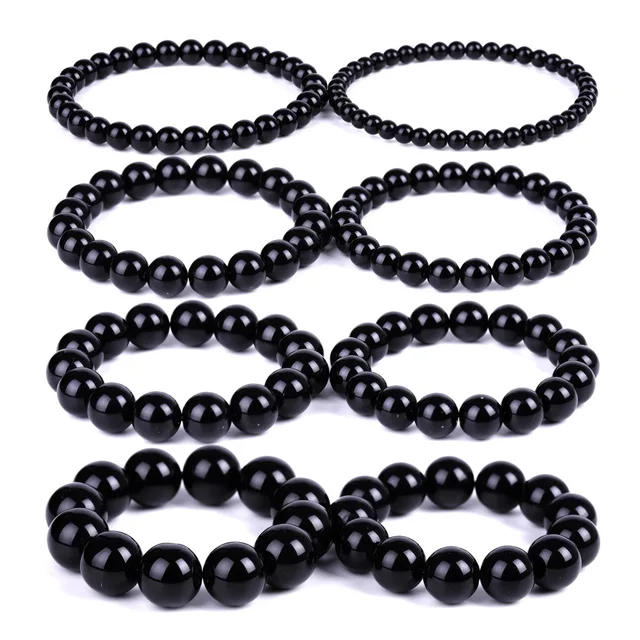 Bracelets en obsidienne noire pour hommes et femmes, amulette de prière et de bénédiction, bracelets porte-bonheur, bijoux de méditation, bouddhisme tibétain, 4mm, 6mm, 8mm, 10mm, 12mm, 14mm, 16mm, 18mm 1