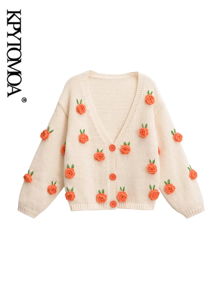 

KPYTOMOA-Women's Floral Appliques Knit Cardigan Sweater, Long Sleeve, Front Button, Female Outerwear, Chic Tops, Fashion