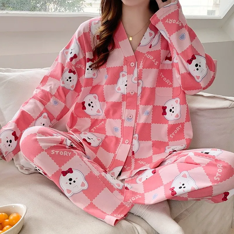 Spring Autumn Women's Pure Cotton Pajamas Set V-neck Long Sleeve Cardigan Pants Cartoon Loose Home Suit Cute Girl's Sleepwear
Spring Autumn Women's Pure Cotton Pajamas Set V-neck Long Sleeve Cardigan Pants Cartoon Loose Home Suit Cute Girl's Sleepwear