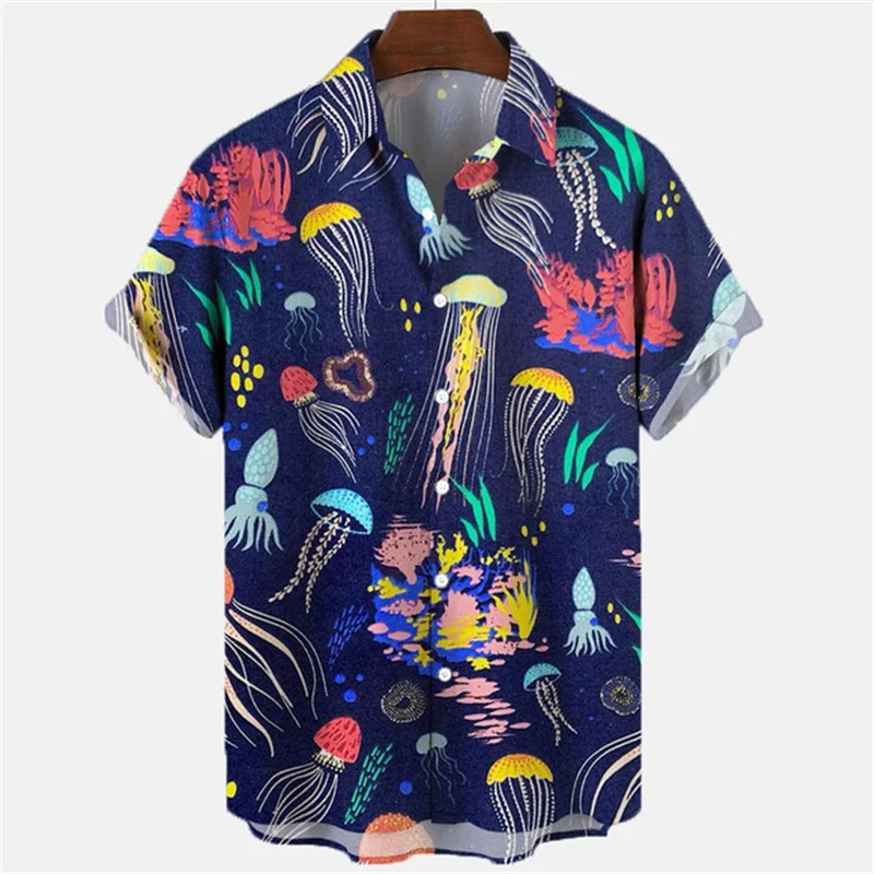 

Jellyfish Octopus Crab Shirt For Men 3d Print Summer Loose Hawaiian Beach Tops Casual Short Sleeve Lapel Blouse Streetwear