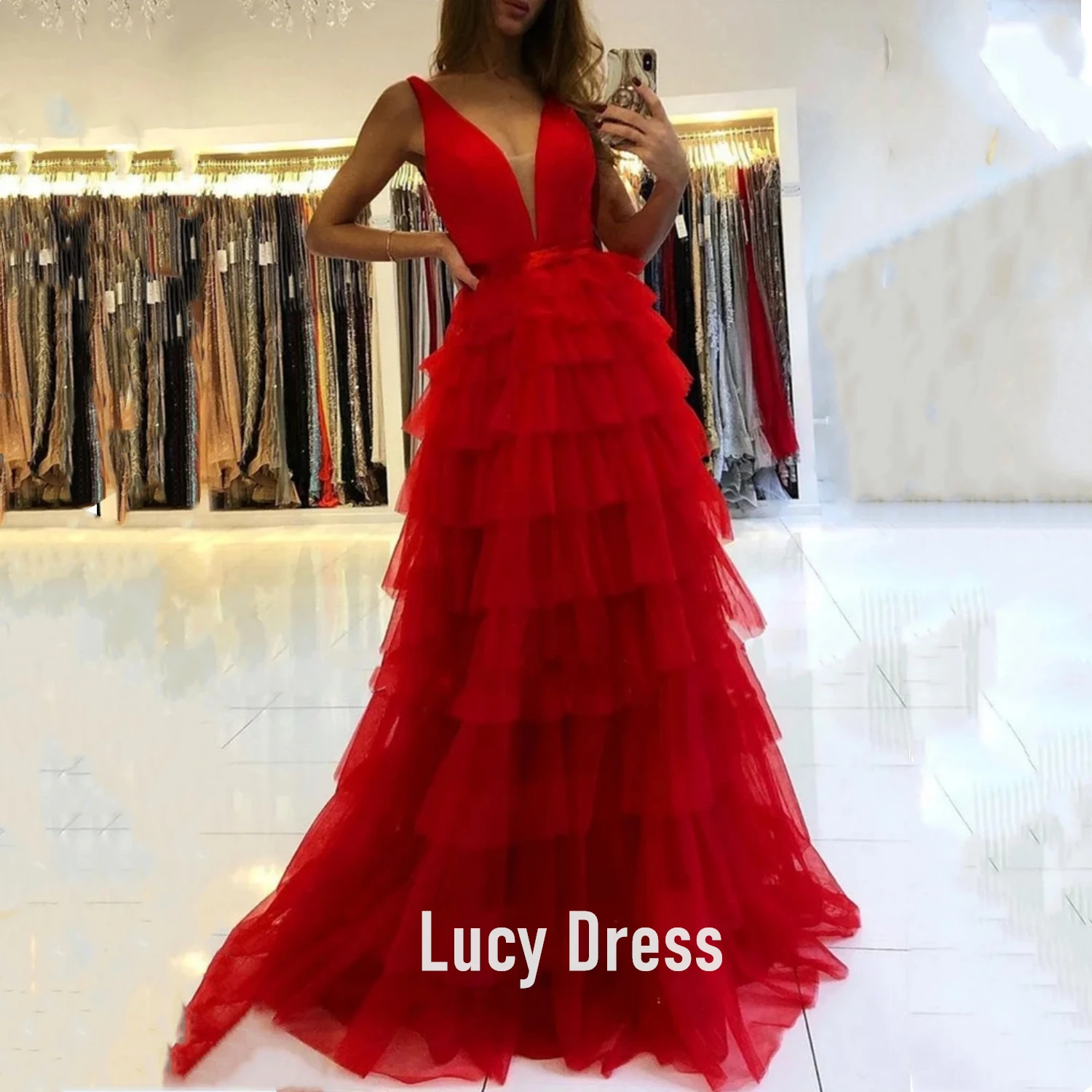 

Lucy A-line Sheer Deep V Neck Prom Dress вечерние платья Tiered Tulle vestidos Formal Evening Dresses Long abendkleider Custom