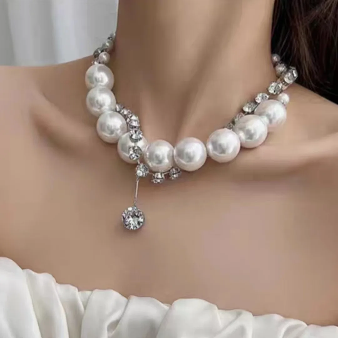 

Exaggerated Large Pearl Beaded Necklace for Women Rhinestones Charm Pendant Necklaces Choker Chain Jewelry Clavicle Chains
