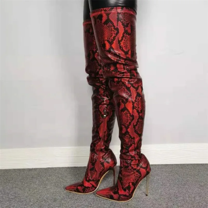 

2024 Women Thigh High Snake Pattern Boots Sexy Stiletto High Heels Boots Pointed Toe Red Party Shoes Women Plus US Size 5-15