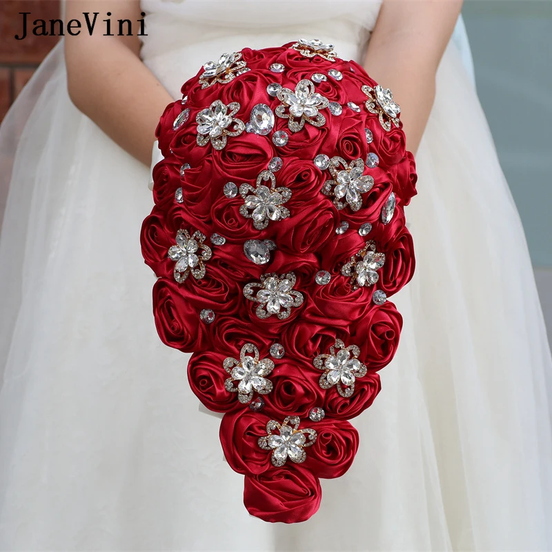 

JaneVini Luxury Crystal Waterfall Wedding Bouquet for Bride Bridesmaid Burgundy Satin Roses Bridal Jewelry Artificial Flowers