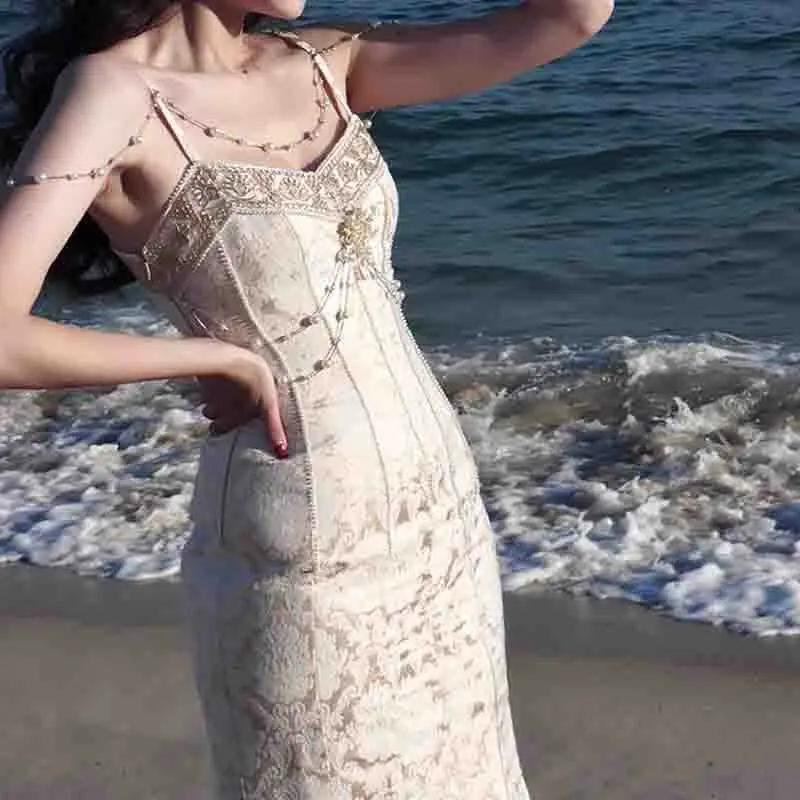 

Women's gorgeous party mermaid dance dress, spaghetti strap, pearl bead ruffle edge dress, women's backless trumpet long dress